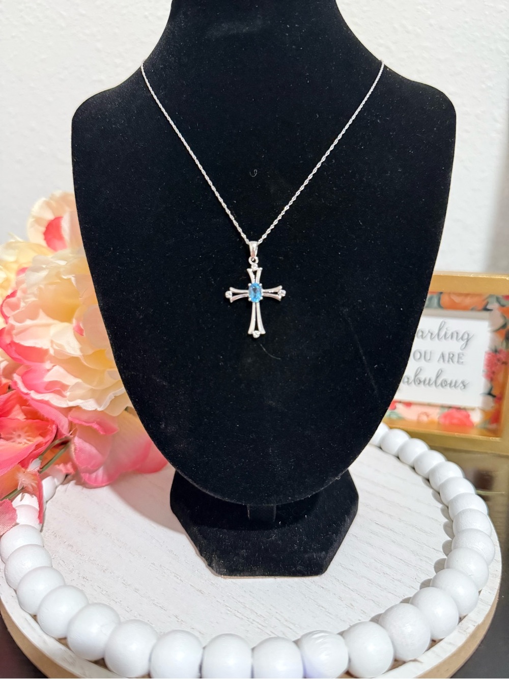 10K White Gold Blue Topaz & Diamond Cross Necklace 18” 2.00g